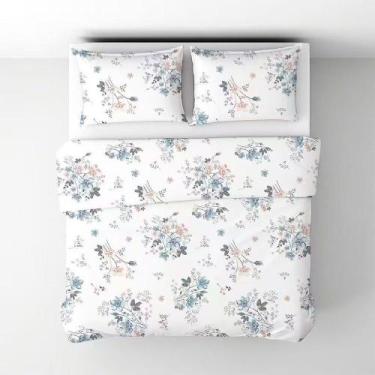 Imagem de Jogo de Cama Lençol Casal Branco com flores Azul 4 peças - Prime Home 