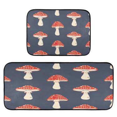 Imagem de Wassud Tapetes de cozinha com cogumelos vermelhos para decoração de casa tapetes de cozinha acolchoados antifadiga tapetes de cozinha antiderrapantes laváveis essenciais de cozinha conjunto de 2