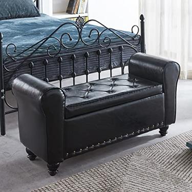 Imagem de FAMEOYA Banco otomano de armazenamento armado de couro PU, banco de armazenamento de braço enrolado, moderno banco de cama tufado, banco de entrada, banco de madeira para sofá, apoio para os pés preto