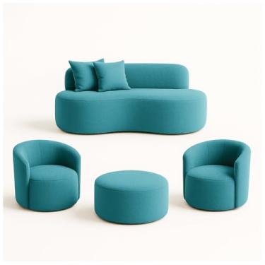 Imagem de Conjunto 02 Poltronas + Sofá e Puff Curvo Orgânico Nature Gaia Boucle Azul Turquesa - Montanaris Decor