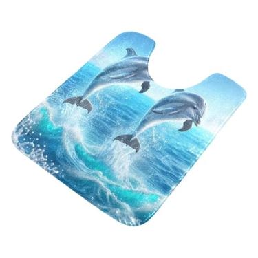 Imagem de Burbuja Tapete de banheiro com golfinhos saltadores, tapete de banho absorvente de pelúcia macio, base antiderrapante para piso de banheiro, oval em forma de U
