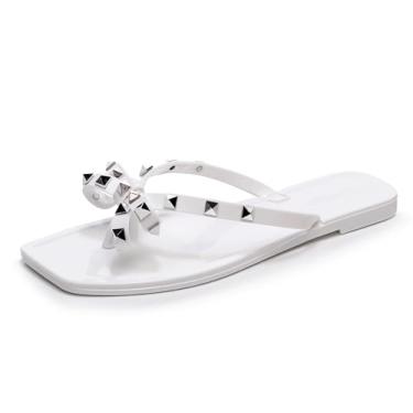 Imagem de OMGard Sandálias femininas cravejadas com laço, sapatos gelatinosos, bege, tamanho plano, tamanho 40, chinelos de dedo quadrado sem cadarço com rebites, Branco, 37