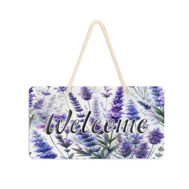Imagem de Burbuja Placa de boas-vindas lavanda para porta da frente, placa de boas-vindas de PVC para decoração de férias de casa de fazenda, 15 x 28 cm