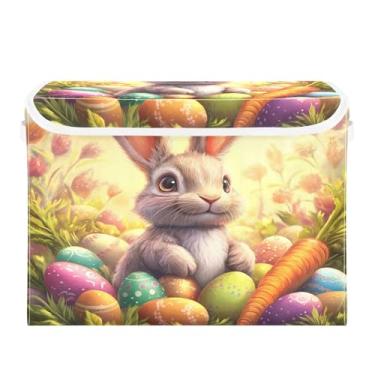 Imagem de CEBUGI Caixotes de armazenamento com tampas, caixa de armazenamento de tecido dobrável, organizador de cubo fofo de coelhinho da Páscoa para prateleiras de armário de casa e quarto, 40 x 30 x 30 cm