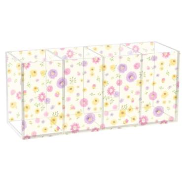 Imagem de Burbuja Porta-canetas de acrílico com flores pequenas, 4 compartimentos, suporte de lápis transparente para pincéis de maquiagem, acessórios de mesa de escritório em casa