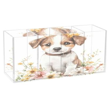 Imagem de Burbuja Porta-canetas de acrílico Dog in Flower com 4 compartimentos, suporte de lápis transparente para pincéis de maquiagem fixos, acessórios de mesa de escritório em casa