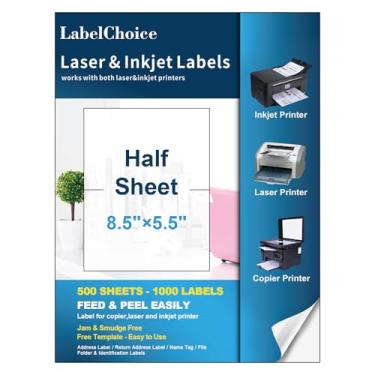 Imagem de Labelchoice 500 folhas, 1000 peças, autoadesivas, 21,6 x 14 cm, etiquetas de envio de meia folha para impressoras a laser e jato de tinta, 13,5 x 20,5 cm, 2 etiquetas de envio de meia página acima, 2