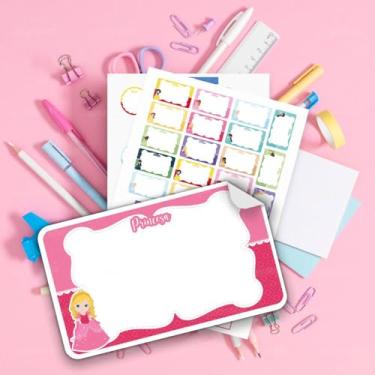 Imagem de Kit de Etiquetas Escolares Tema Princesa 02 sem personalização, para identificar cadernos, livros, estojos, mochilas e lancheira das crianças