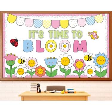 Imagem de Conjunto de quadro de avisos de flores com tema de primavera, é hora de florescer, decoração de sala de aula, primavera, floral, abelha, borboleta, recortes de papel para volta às aulas, quadro-negro
