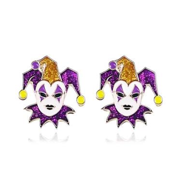 Imagem de LKingel Brincos de carnaval para mulheres, máscara de flor de lis, coroa e bobo da corte, brinco de declaração de carnaval, roupas de carnaval, roupas de carnaval, roupas de presente para mulheres