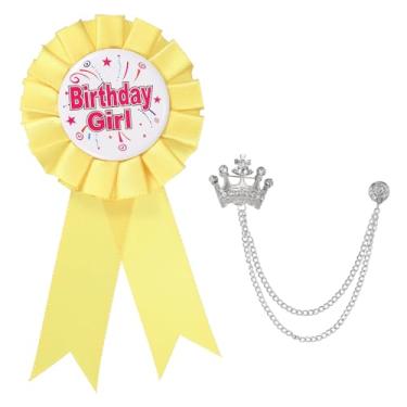 Imagem de PATIKIL Broche de botão de mulher de aniversário, alfinetes de crachá de fita de prêmio de tecido de cetim e broche de corrente pendurada em coroa para decoração de festa de aniversário, One Size