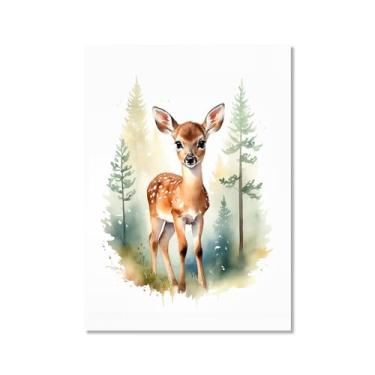 Imagem de Arte de parede de berçário botânico fofo safári floresta nebulosa urso coelho raposa lobo guaxinim cervo girafa zebra tigre aquarela decoração de quarto infantil (SKU6,12x40 cm), sem moldura)