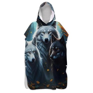 Imagem de TSENQUE Poncho de surfe para mudança de roupão de praia com capuz toalha floral plus size cinza lobos legais vívidos homens mulheres poncho com capuz