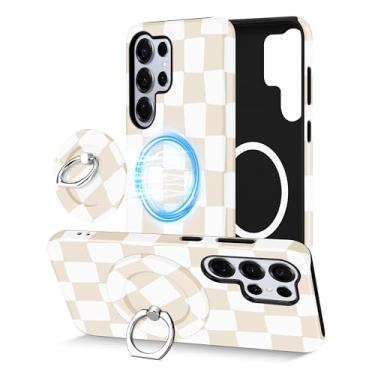Imagem de Aitipy Capa de telefone magnética quadriculada para Samsung Galaxy S25 Ultra, compatível com Magsafe, com suporte de anel de xadrez bonito capa protetora estética para mulheres e meninas - bege