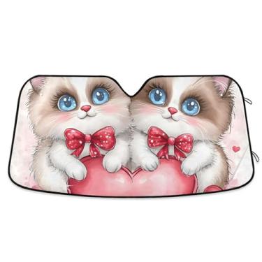 Imagem de Cute Cats Love Valentine Sombra de sol para para-brisa de carro dobrável para para-brisa dianteiro estampa animal retrátil P, 134,6 cm x 59,7 cm