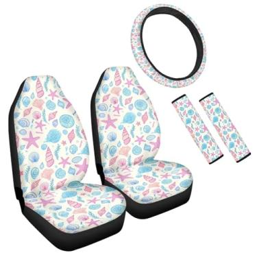 Imagem de Uskorhein Conjunto de 5 peças de capa de assento de concha Sea Star, capas de cinto de segurança com tema oceano, organismo marinho, planta animal, capa de assento de carro com capa de volante