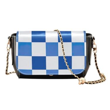 Imagem de Bolsa transversal com alça ajustável floral e girassol, bolsas transversais de couro para mulheres, média, Azul xadrez e branco 4, One Size