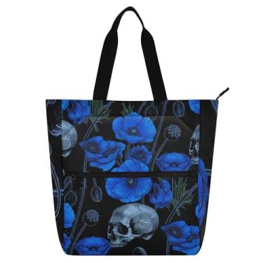 Imagem de GAIGEO Sacolas de trabalho pretas com caveira de flor de papoula azul para mulheres, bolsa escolar de lona, bolsas fofas com compartimentos