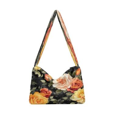 Imagem de Bolsa de ombro feminina preta com flores laranja e rosa, bolsa de mão com zíper, bolsas de outono, Rosa laranja e flor amarela - 3, One Size
