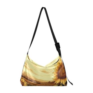 Imagem de Bolsa tiracolo grande xadrez preta e bege, bolsa Hobo de alça larga, bolsa tiracolo transversal para homens, Sépia de girassóis-3, One Size