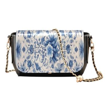Imagem de Bolsa tiracolo quadrada com azul floral PU para mulheres, bolsa de ombro de couro sintético, bolsa de ombro transversal de couro, Quadrado com floral azul - 1, One Size