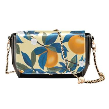 Imagem de Flamingos rosa e folhas de palmeira em couro verde bolsa tiracolo feminina, bolsas transversais de couro para mulheres, bolsas de ombro de couro, Azul de laranjas em amarelo-1, One Size