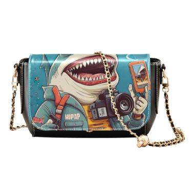 Imagem de Giraffe's Head Looks Forward Bolsa transversal de couro com zíper, bolsas tiracolo femininas de couro, bolsas transversais médias para mulheres, Desenho animado engraçado tubarão com câmera-2, One