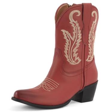 Imagem de OMJPWS Botas de caubói para mulheres, botas de cowgirl com clássico EmbroideBrown bico fino salto grosso bota no tornozelo com zíper lateral vintage retrô, Vermelho, 37