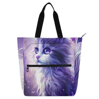 Imagem de GAIGEO Bolsa de trabalho com pintura de gato violeta para mulheres, bolsa de lona, bolsa escolar universitária, bolsa de professores com compartimentos