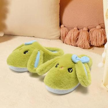 Imagem de Pantufas de coelho de orelhas grandes para meninas e meninos, lindo laço felpudo fofo confortável desenho animado coelho peludo engraçado travesseiro nuvem casa quarto casa chinelo para crianças