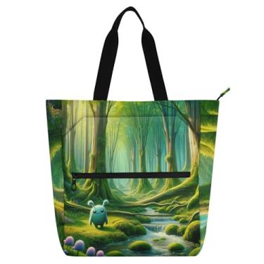 Imagem de Sacola feminina de lona verde com estampa de monstro na floresta com zíper para uso diário, para amantes de livros, presentes