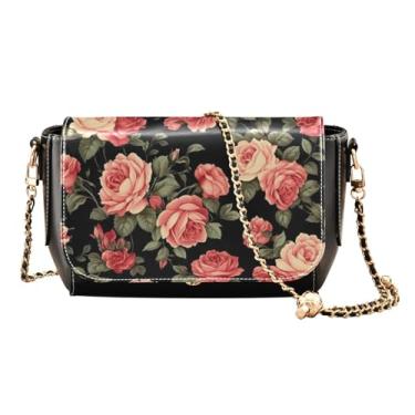 Imagem de Bolsa de ombro transversal de couro preto com flor em preto, bolsa tiracolo ajustável, bolsa de ombro média para mulheres, Rosas com preto-1, One Size