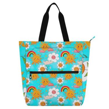Imagem de GAIGEO Bolsa feminina de trabalho com flores alegres sol céu azul lona praia livro bolsa zíper professores bolsas com compartimentos
