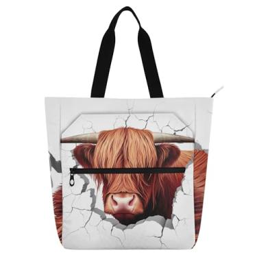 Imagem de GAIGEO Highland Cow Wall Sticker Bolsas de trabalho para mulheres lona faculdade escola bolsas utilitárias bolsas infantis com compartimentos