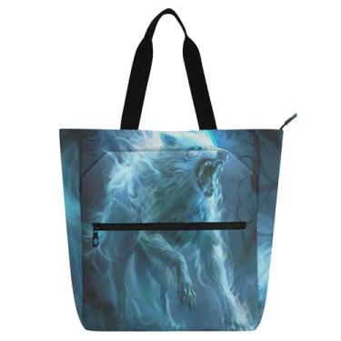 Imagem de GAIGEO Bolsa feminina assustadora lobo horrível para trabalho, lona, praia, escola, presente de tecido para amantes de livros