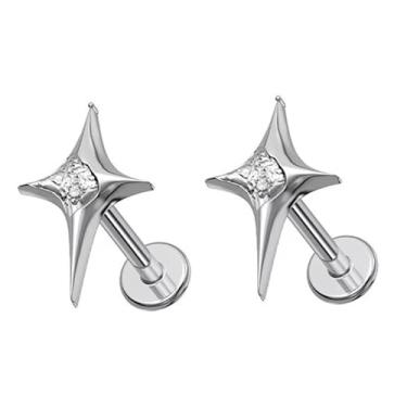 Imagem de Niaspi Brincos com estrela de titânio G23 18G com zircônia cúbica rosca interna Labret Monroe piercings labiais cartilagem hélice concha piercing joia para mulheres e homens