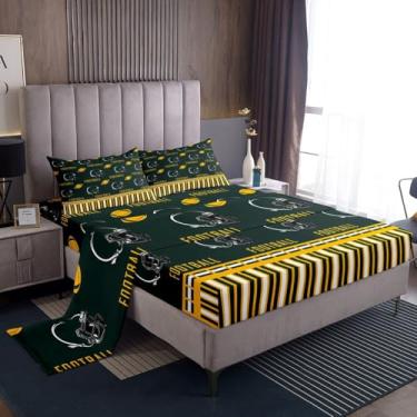 Imagem de jejeloiu Jogo de cama casal para crianças, meninos, meninas, Green Bay, 40,6 cm, lençol com elástico alto, rúgbi, futebol americano, cidade, verde e amarelo, macio