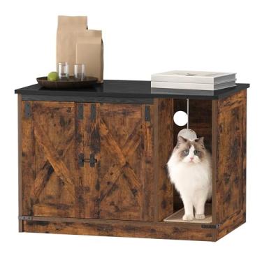 Imagem de Hzuaneri Caixa de areia para gatos, móveis de armário de caixa de areia oculta com sino, casa de gato interna, estilo casa de fazenda, 81,5 x 19,7 x 20,9 polegadas, para corredor, quarto, marrom