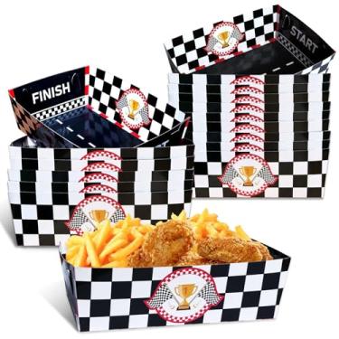 Imagem de 60 peças de bandejas de papel para barcos de comida de carro de corrida, pratos de festa xadrez preto e branco descartáveis Nacho Lanche Sobremesa Suporte de cesta para decorações de festa de