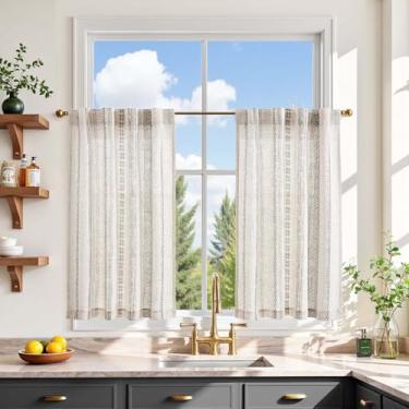 Imagem de jinchan Liora Boho Cortinas de cozinha 76 cm cinza de linho com padrão geométrico boêmio café pequeno tratamento de janela de filtragem de luz para sala de estar RV aba traseira 2 painéis cinza em