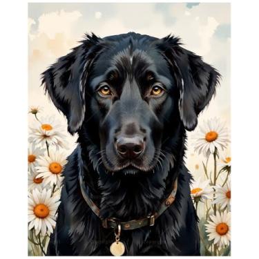 Imagem de Kit de pintura de cachorro por números para adultos - DIY preto com pintura de margaridas em tela, conjunto de tinta acrílica, adequado para iniciantes, arte para decoração de casa ou presentes