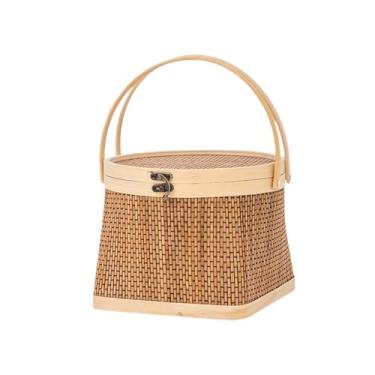 Imagem de WeiLaiKeQi Cesta de bambu trançado para, organizador, porta-ovos com tampa e alça para bolo, pão e bolo da lua, Redondo Quadrado