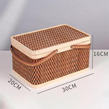 Imagem de Baoblaze Cesta de bambu trançada, multiuso, feita à mão, com tampa e alça, portátil para da lua, lanches, frutas e camping, Marrom Escuro