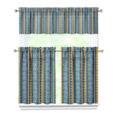 Imagem de Nojuikm Conjunto de cortinas e sanefas de cozinha boêmias, 3 peças, engraçado, para decoração de janela pequena, cortinas sobre a pia para cozinha, quarto, lavanderia, decoração de casa 70 x 91 cm