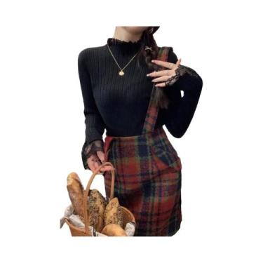 Imagem de Suéter Feminino De Tricô Com Gola Alta E Renda, Manga Longa, Cor Sólid