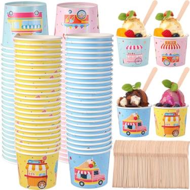 Imagem de Ninehaoou Conjunto de 100 copos de papel de sorvete de 170 g com colheres a granel tigelas de sorvete coloridas descartáveis para alimentos quentes ou frios, tigelas de sobremesa, recipientes de