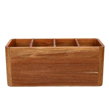 Imagem de Luocute Suporte para Utensílios de Cozinha de Madeira, Organizador de Armazenamento de Talheres de Bancada Com 3 Divisórias Removíveis e 4 Compartimentos para Colher, Garfo, Espátula,