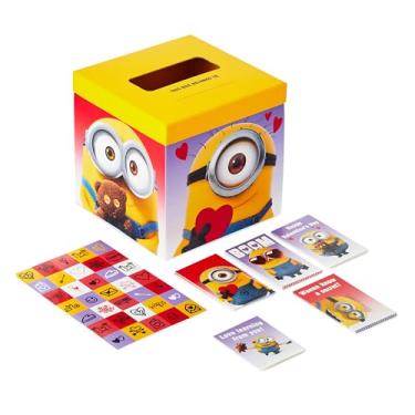 Imagem de Hallmark Cartões de Dia dos Namorados para crianças e caixa de correio para troca de sala de aula, Minions (1 caixa, 32 cartões de dia dos namorados, 35 adesivos, 1 cartão de professor)