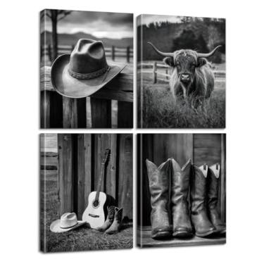 Imagem de Conjunto de arte de parede de caubói ocidental em preto e branco emoldurado com 4, 20 x 25 cm vintage rústico country highland vaca chapéu botas impressões em tela, decoração de fazenda para sala de