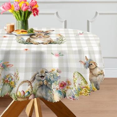 Imagem de cusugbaso Toalha de mesa redonda de Páscoa 177,8 cm - Decorações de Páscoa xadrez cáqui para casa - Toalha de mesa resistente à água com mola de coelho, decoração floral para casa, mesa, festa